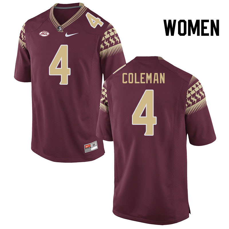 Women #4 Keon Coleman Florida State Seminoles College Football Jerseys Stitched Sale-Garnet - Click Image to Close